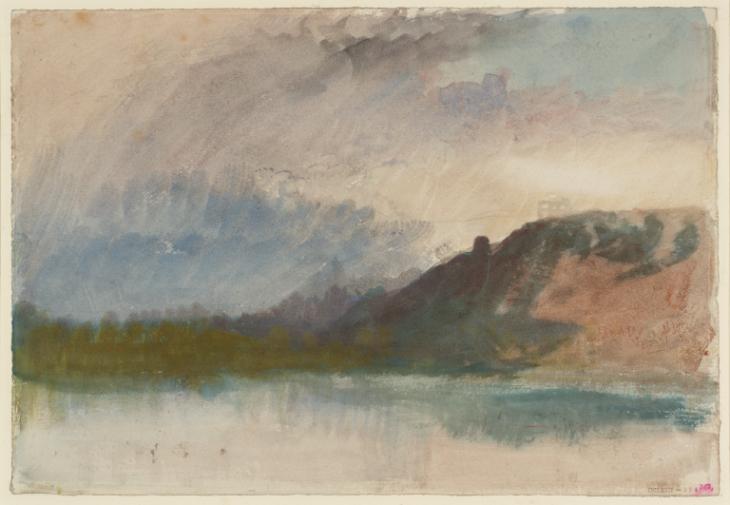 Joseph Mallord William Turner, ‘Buildings on a Hill by a Lake or River, with a Stormy Sky’ c.1820-40