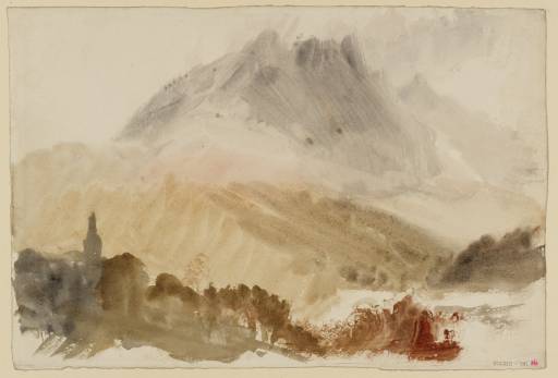 Joseph Mallord William Turner, ‘Mountain, with Village at its Foot: ?The Aiguille Verte and Other Peaks in the Mont Blanc Massif from above Chamonix’ c.1836