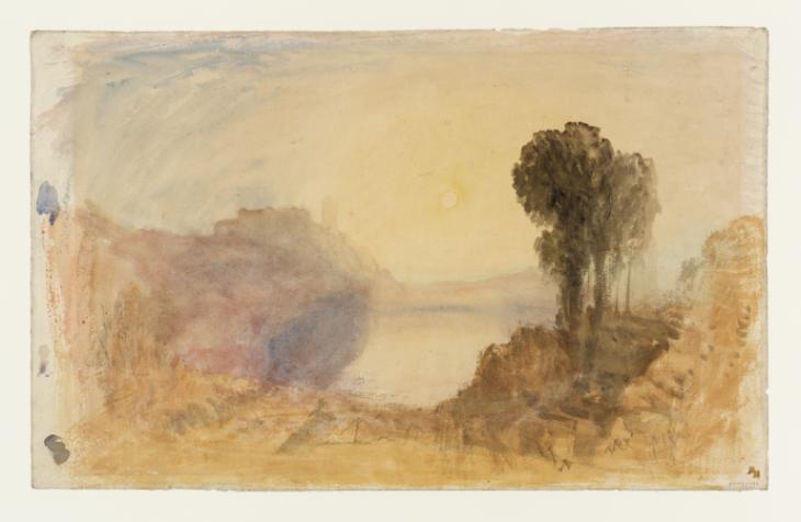 Joseph Mallord William Turner, ‘An Idealised Italianate Landscape with Trees, Water and a Distant Tower, Lit by a Low Sun’ c.1828-9