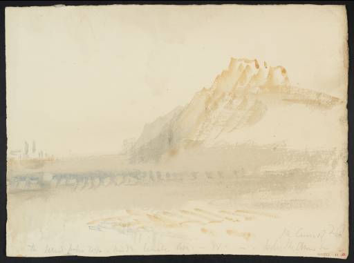 Joseph Mallord William Turner, ‘View of Rhine downstream to Coblenz and Ehrenbreitstein, with Twin Spires of St Castor's Church, Coblenz, the Bridge of Boats and a Timber Raft’ c.1841-2
