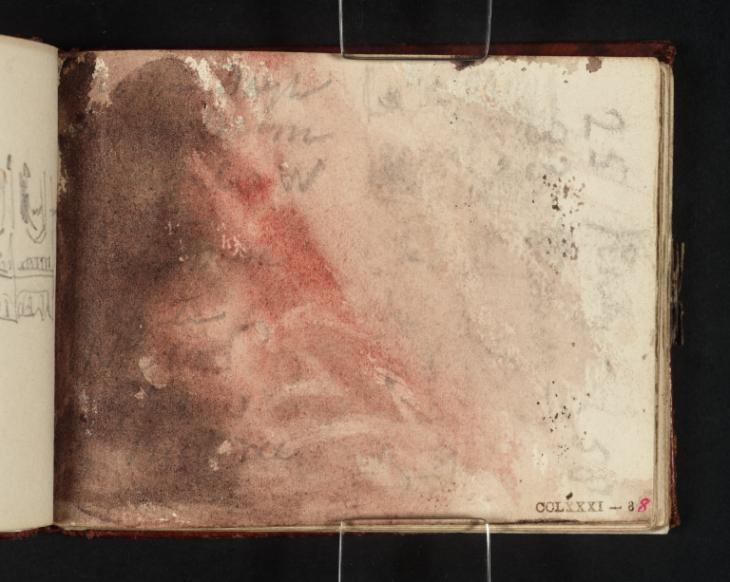 Joseph Mallord William Turner, ‘?A Dark Interior or Curtained Bed; ?the King's Entrance Porch to the Old Houses of Parliament; Another Building; with Inscriptions by Turner: Notes and Figures’ c.1834-6