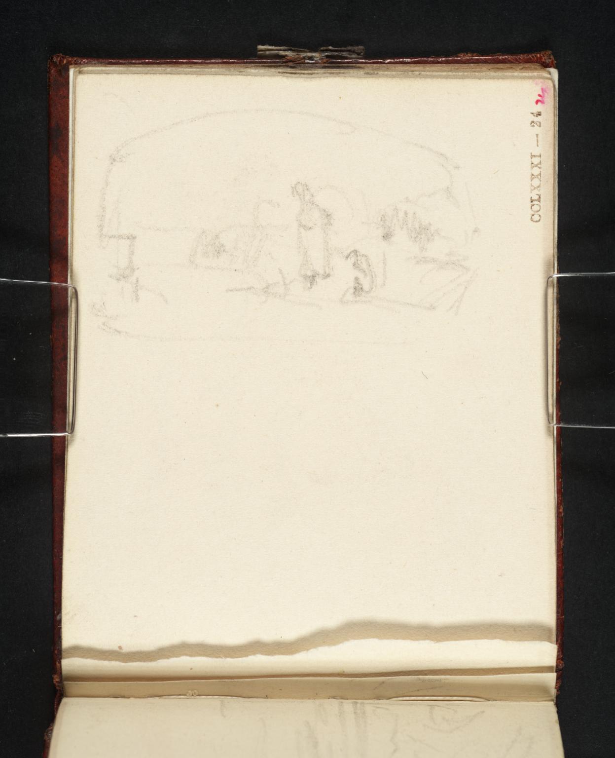 Figures on a River Bank through the Arch of a Bridge