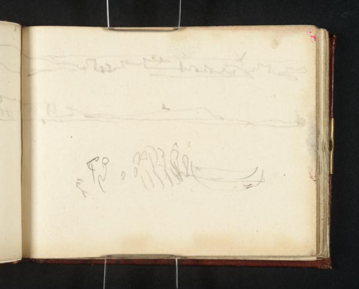 Joseph Mallord William Turner, ‘Buildings and Cliffs on a Coastline; Fishermen and a Boat’ c.1834-6