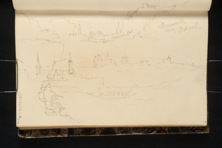 Joseph Mallord William Turner, ‘View up the Meuse towards Dinant (Left) and Bouvignes and the Castle of Crèvecoeur (Right); Distant View of Louvain; Detail of a Fort’ 1839