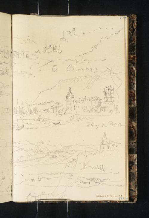 Joseph Mallord William Turner, ‘The Castle of Chokier, Looking Upstream; The Abbey of Flône, Looking Downstream; Church Overlooking the Meuse; Distant Hills’ 1839