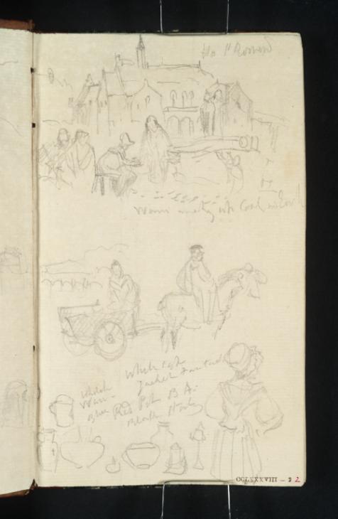 Joseph Mallord William Turner, ‘Group of Figures in Front of a Church; Figures with a Horse and Cart in Front of a Bridge; Female Figure with Pots, Urns, Jugs, Etc’ 1839
