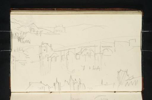 Joseph Mallord William Turner, ‘The Roman Bridge at Trier Looking Upstream (Continued Above and Below, the Latter Sketch Including Buildings of the City)’ 1839