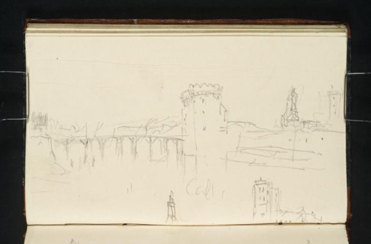 Joseph Mallord William Turner, ‘View across Meuse at Verdun Showing Wooden Bridge, Porte Chaussée, Jesuits' Church and Cathedral of Notre-Dame; Details of Jesuit's Church and Cathedral’ 1839
