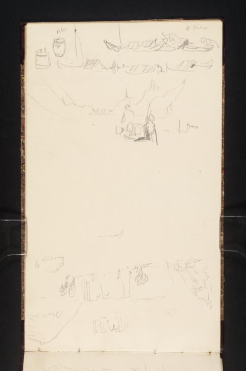 Joseph Mallord William Turner, ‘Sailing Boats with Awnings, a Crock and a Barrel; Figures in a Boat with ?Klotten in the Distance, Looking Upstream; The Ruined Convent at Stuben, Kloster Stuben (plus a Larger Sketch of the Ruin)’ 1839