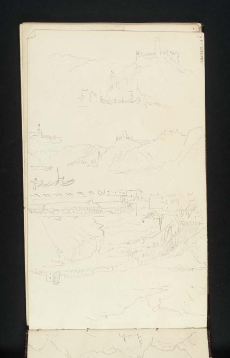 Joseph Mallord William Turner, ‘Kobern, Looking Upstream; Kobern, Looking Upstream, from further Downstream; View across the Rhine from Coblenz, Showing the Bridge of Boats at Ehrenbreitstein;Hills’ 1839