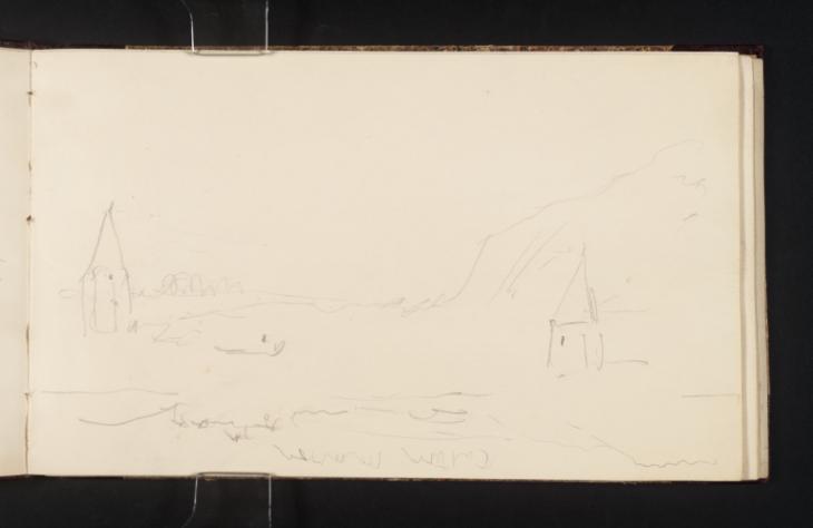 Joseph Mallord William Turner, ‘The Pair of Ferry-Towers on the Moselle at, and opposite to, Schweich with the Ferry in Mid-River; Distant Hills’ 1839