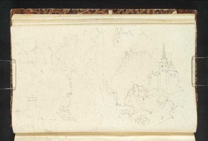 Joseph Mallord William Turner, ‘Overlapping Sketches of Trarbach and the Grevenburg Including the Church of St Nicholas and Houses and the Watch Tower’ 1839