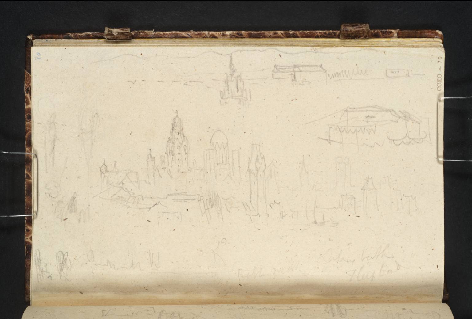 Mainz, Looking Downstream; The Bridge of Boats at Kastel Continued at the Top; Details of the West Tower of the Cathedral, and an Awning over a Boat or Raft