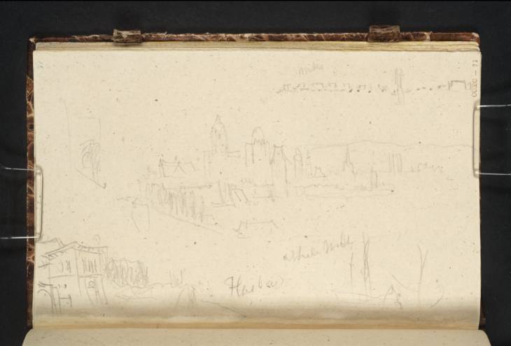 Joseph Mallord William Turner, ‘Mainz, Looking Downstream; Separate Sketches of the Bridge of Boats at Kastel, Houses, Boats’ 1839