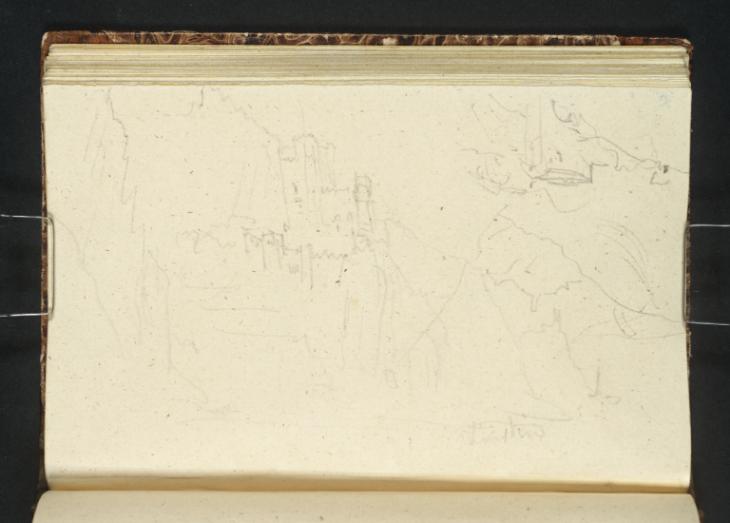 Joseph Mallord William Turner, ‘Burg Rheinstein, with Burg Reichenstein and the Clemenskapelle Seen Beyond It, Looking Downstream; Separate Sketches of Hills and Buildings’ 1839