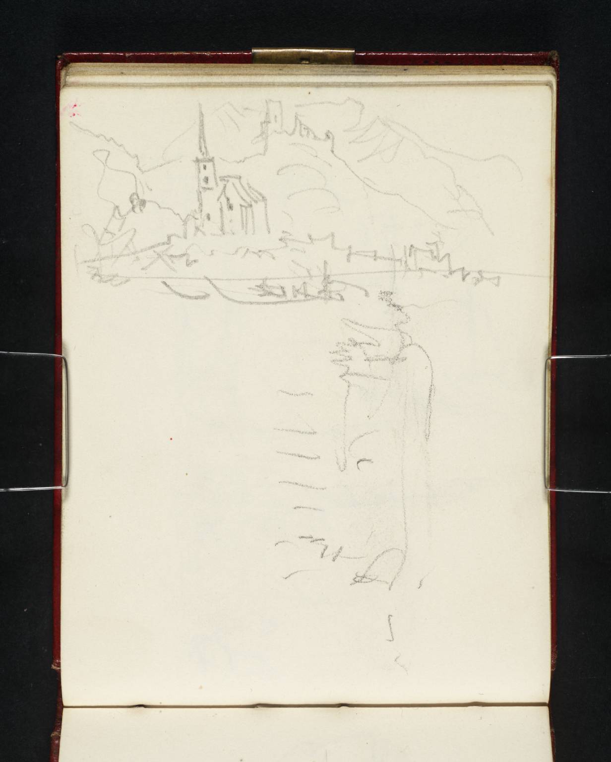 Church beside River, with Ruins on Rock Beyond