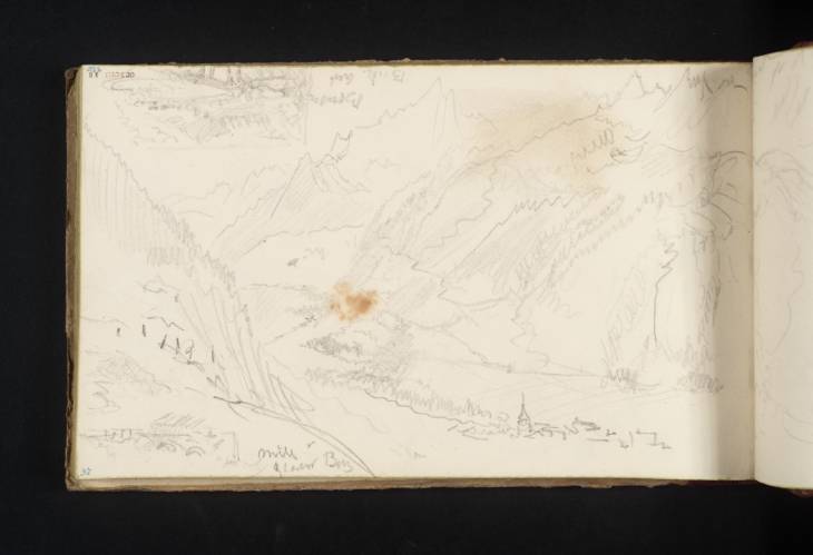 Joseph Mallord William Turner, ‘Three Sketches: A Panorama of Mont Blanc from above Chamonix, and Two Thumbnail Sketches of a Mill and Bridge below Bossons’ 1836