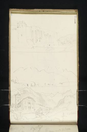 Joseph Mallord William Turner, ‘Three Sketches: The Porte de Mars, Reims; Mountains ?on the Col du Bonhomme; and Church and Mountains at Contamines above St Gervais on the Route to the Col du Bonhomme’ 1836