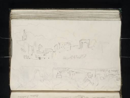 Joseph Mallord William Turner, ‘Four Sketches: Three Thumbnail Sketches of Scenes near Fort Bard, Issogne, Barme and Arnad, Val d'Aosta; Susa, the Augustan Arch and Church of San Giusto’ 1836