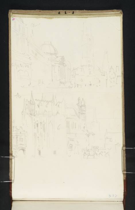 Joseph Mallord William Turner, ‘Bruges: The Grand Place Looking towards the Government Buildings, Belfry and Notre Dame; Bruges: The Hôtel de Ville and Chapel of the Holy Blood from the Place du Bourg’ 1833