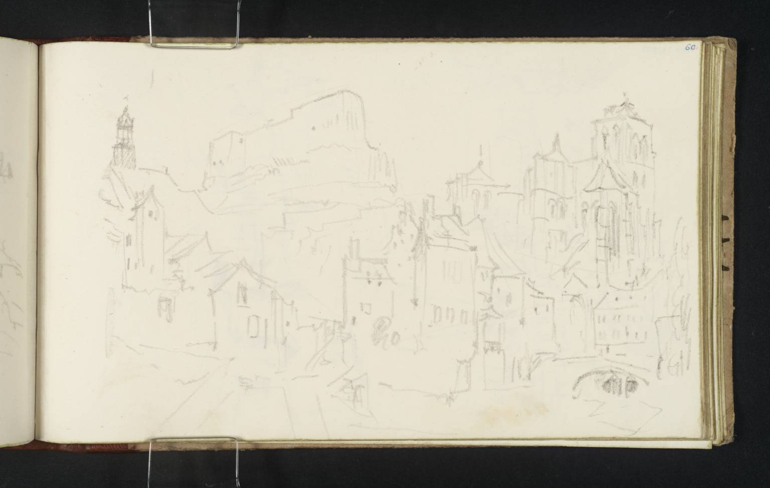 Huy: The Citadel and Notre dame from the North-East with the Town Hall, Old Houses and Bridge over the Houyoux