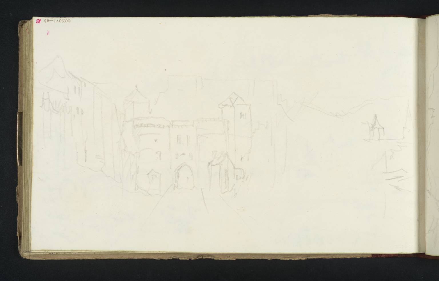 Huy: The Town Walls and a Gateway with Cidadel in the Distance