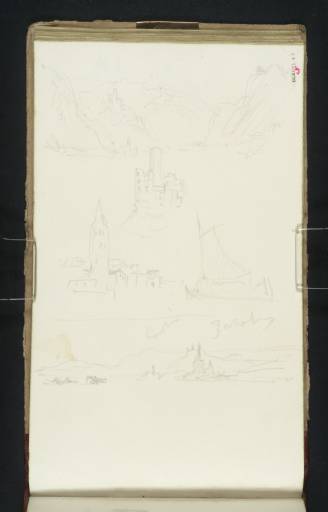 Joseph Mallord William Turner, ‘Burg Maus and Wellmich, Looking Upstream; Burg Maus and Wellmich Church, with a Sailing Boat; View down the Rhine Towards Eltville and the Rheingau’ 1833