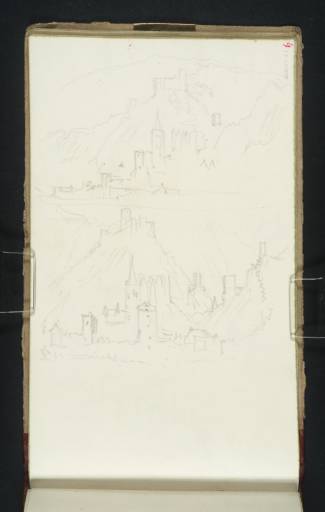 Joseph Mallord William Turner, ‘Two Sketches of Burg Gutenfels, Kaub and the Pfalz, Looking Upstream, and One of Burg Gutenfels from beneath it’ 1833