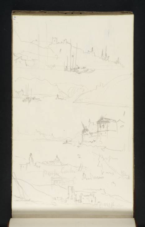 Joseph Mallord William Turner, ‘Burg Klopp and Bingen, Downstream with Boat in Foreground; View down Rhine towards the Mäuseturm and Burg Ehrenfels; Crane and Custom House, Bingen, Upstream; Rüdesheim from Bingen; Custom House, Bingen; Rüdesheim from Rhine’ 1833