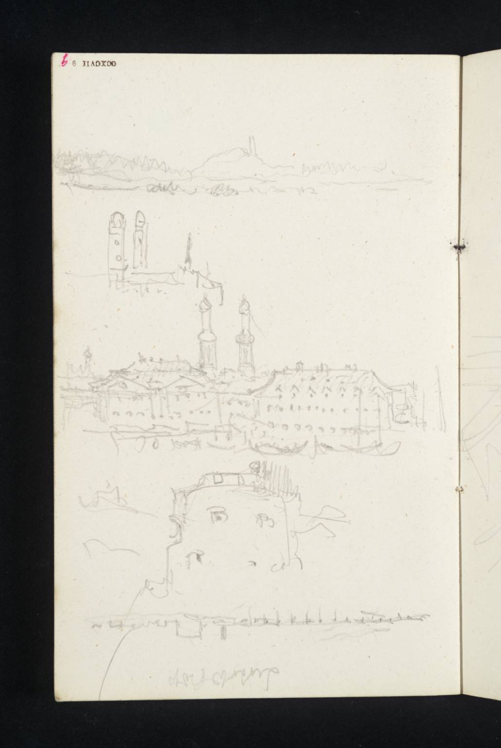 (1) Distant View of Town; (2) A Ruined Tower; (3) Buildings on a River (in Two Instalments)