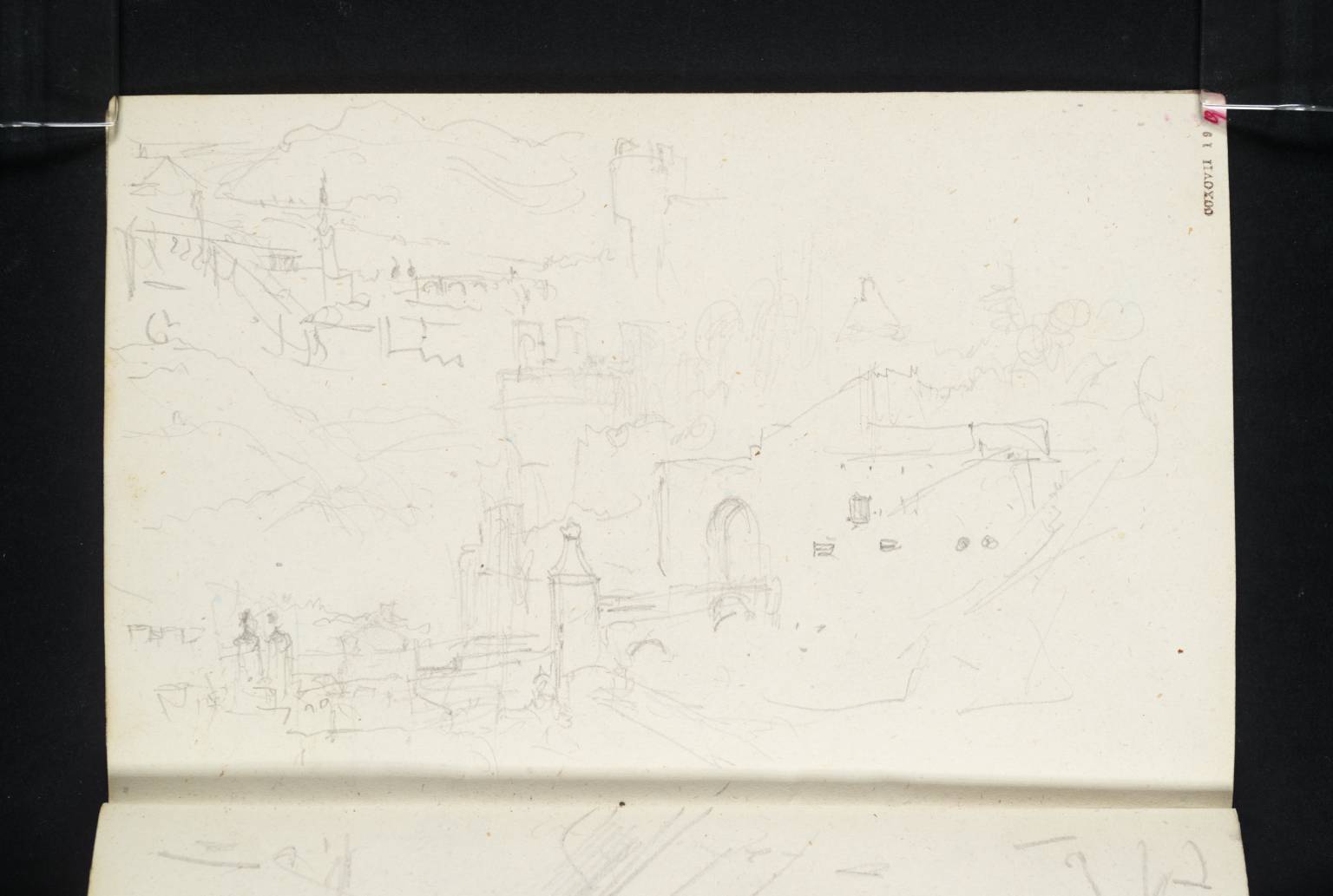 (1) Heidelberg from the Foot of the Great Tower with a Detail of the Great Tower below; (2) Heidelberg: The Bridge Towers from close to the Castle