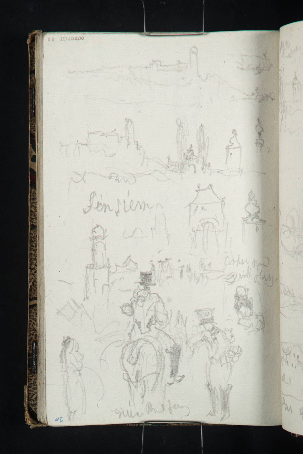 (1) Group of Figures, Including a Funeral Procesion and a Man on Horseback; (2)-(4) Buildings