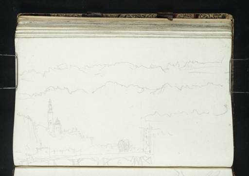 Joseph Mallord William Turner, ‘Distant View of the Alps beyond Salzburg (in Three Instalments); Salzburg: View down the Salzach to the Bridge and Müllnerkirche’ 1833