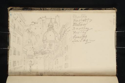 Joseph Mallord William Turner, ‘Salzburg: View along Judengasse to the Fortress and Dome of the Cathedral from an Upstairs Room in the Höllbräu’ 1833