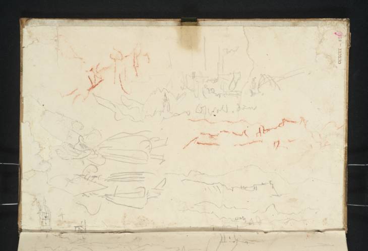 Joseph Mallord William Turner, ‘The Coast of the Gulf of Trieste; Hilly Landscapes; a Steamer in a Harbour; Two Women in Traditional Costume’ 1840 (Inside back cover of sketchbook)