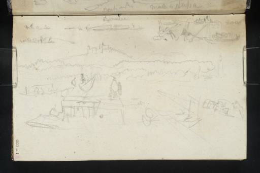 Joseph Mallord William Turner, ‘View on the Danube with Göttweig Abbey in the Distance and a Boat in the Foreground; Four Sketches of Boats on the Danube’ 1833
