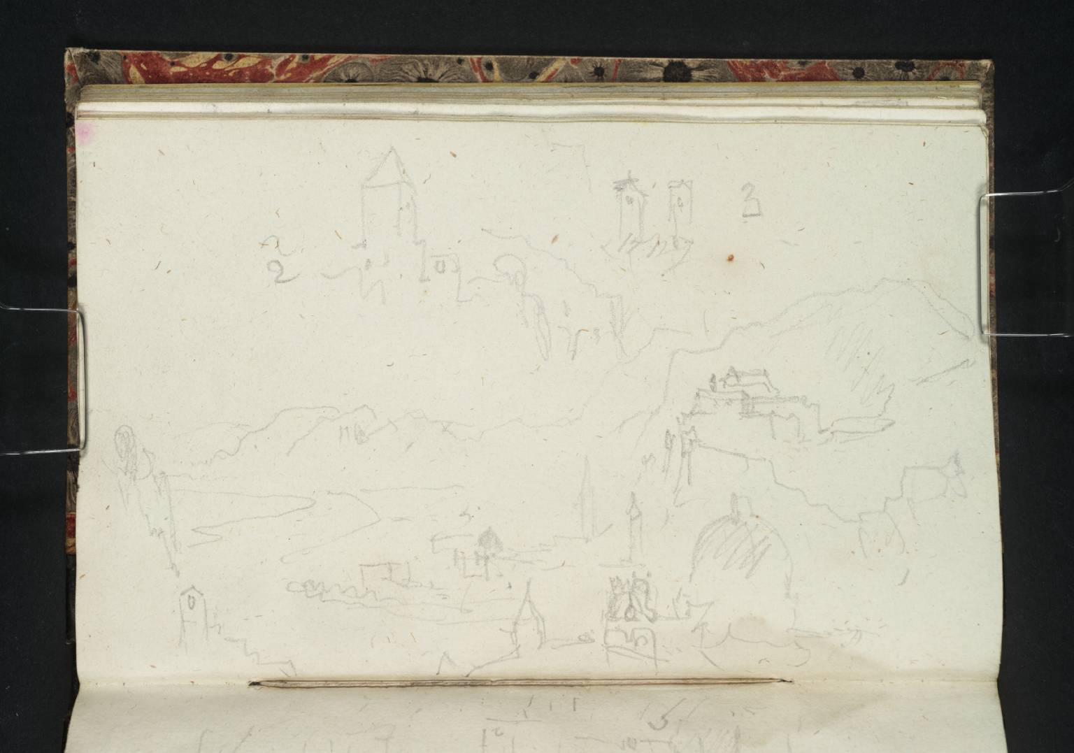 Salzburg: Views from the Mönchsberg: (1) Looking North down the Salzach towards Maria Plain, with the Kollegienkirche in the Foreground; (2) (Continuation in Sky) Fortifications on the Mönchsberg; (3) (Detail in Sky) Pair of Church Towers