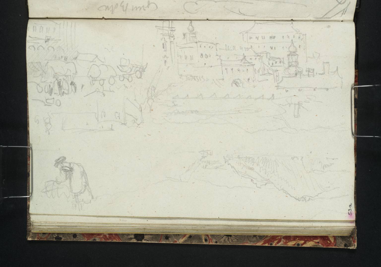 (1) Linz: View up the Danube to Buchenau; (2) Linz: View down the Danube from near the Castle; (3) Linz Castle; Wagons, a Building and a Figure