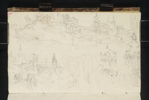 Joseph Mallord William Turner, ‘(1) (2) Dresden: The Zwinger from beyond the Moat to the North-West with the Hofkirche and Schloss Seen over It and the Crown Gate (Right), the Second with Figures in the Foreground; (3) Details of the Mathematical-Physical Salon and the Crown Gate’ 1835