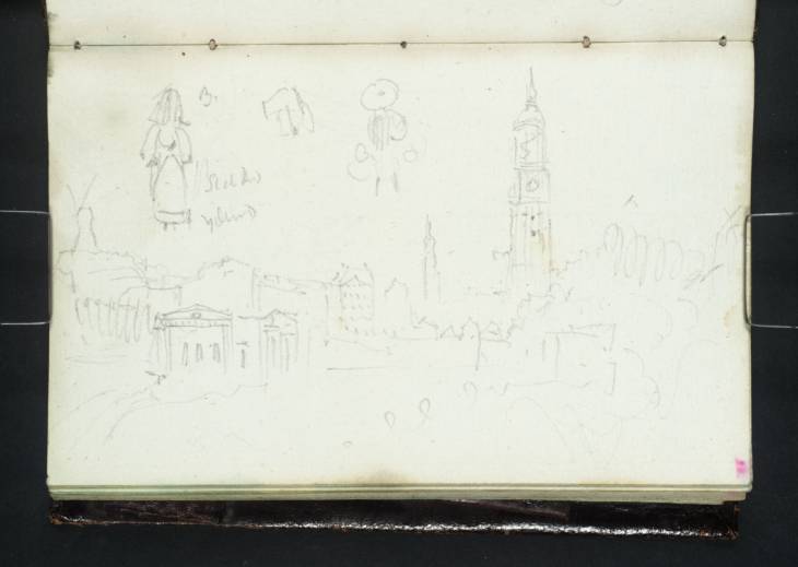 Joseph Mallord William Turner, ‘Hamburg: View from just outside the Millernthor with the Mill on the Mühlenberg, Nikolaikirche and Michaeliskirche; Sketches of Two Women’ 1835