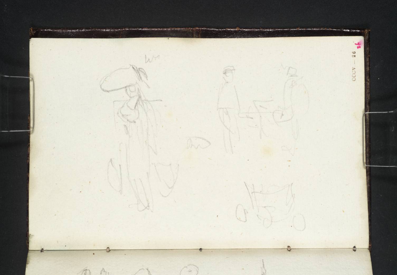 (1) A Woman in a Wide-Brimmed Hat Carrying a Yoke and Pails; (2) Two Men; (3) A Cart