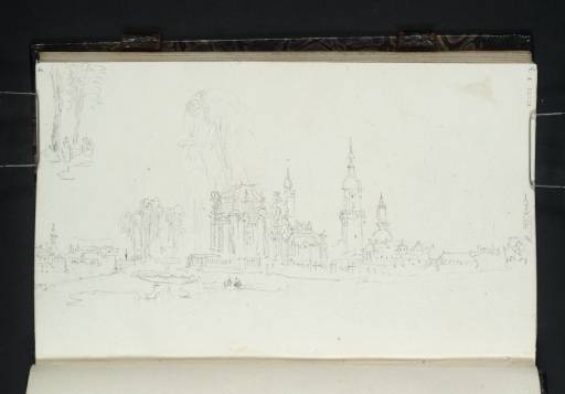 Joseph Mallord William Turner, ‘Dresden: View from the Basin on the Upper Level of the Zwinger close to the Outer Side of the Wall Pavilion, Looking towards the Neustadt, Bridge, Hofkirche, Schloss and Frauenkirche (the Figures in the Garden Continued in the Sky)’ 1835