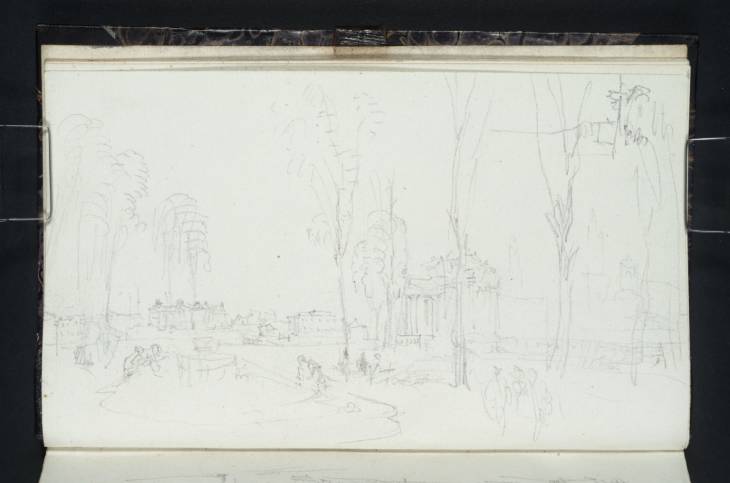 Joseph Mallord William Turner, ‘Dresden: View from the Basin on the Upper Level of the Zwinger close to the Outer Side of the Wall Pavilion, Looking towards the Japanese Palace (across the Elbe) and (through the Trees) the Wall Pavilion, Hofkirche and Schloss’ 1835