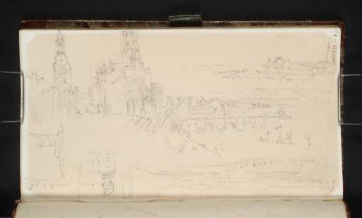 Joseph Mallord William Turner, ‘Dresden: View from the Brühl Terrace towards the Schloss, Hofkirche and Bridge (Continued in the Sky, Showing the Neustadt); Dresden: The Monument to General Moreau at Räcknitz, Looking Away from Dresden, with Hills in the Distance’ 1835