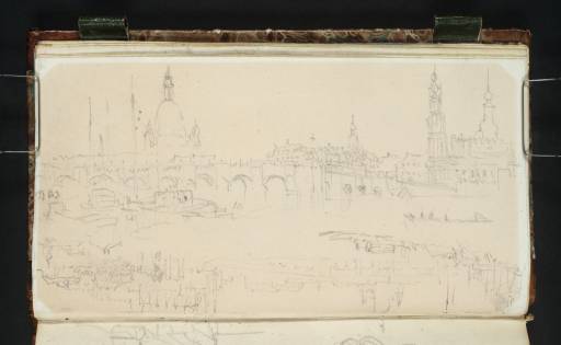 Joseph Mallord William Turner, ‘Dresden: Two Sketches of the Frauenkirche, Bridge, Kreuzkirche, Hofkirche and Schloss from the Northern Shore of the Elbe, with Boats and Figures’ 1835