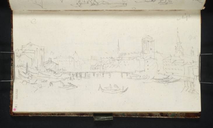 Joseph Mallord William Turner, ‘Berlin: View Westwards along the Spree to the Waisenbrücke, the Waisenhauskirche and Marienkirche, with the New and French Churches and Nikolaikirche in the Distance’ 1835