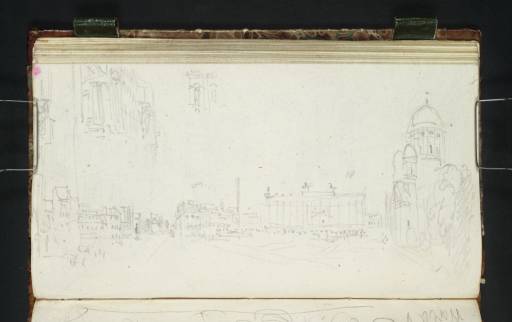 Joseph Mallord William Turner, ‘Berlin: View down Unter den Linden and across the Lustgarten to the Zeughaus, Lustgarten, Fountain, Museum and Domkirche, from the North-Eastern Corner of the Schloss (Detail of Schloss Façade in Sky)’ 1835