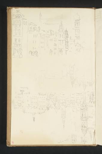 Joseph Mallord William Turner, ‘Spitalgasse, Coburg, with the Lucchesehaus and Stadthaus, from the Weisser Schwan Hotel; the Market Place with St Moriz's Church and the Rathaus; the Stadthaus and Zeughaus’ 1840