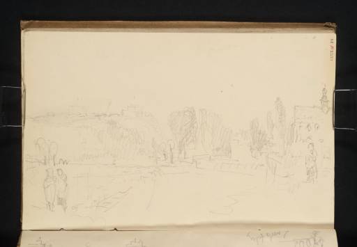 Joseph Mallord William Turner, ‘The Heilig-Kreuz-Kirche, Coburg, with Women beside the River Itz, and Schloss Ernsthöhe (later Hohenfels) in the Distance’ 1840