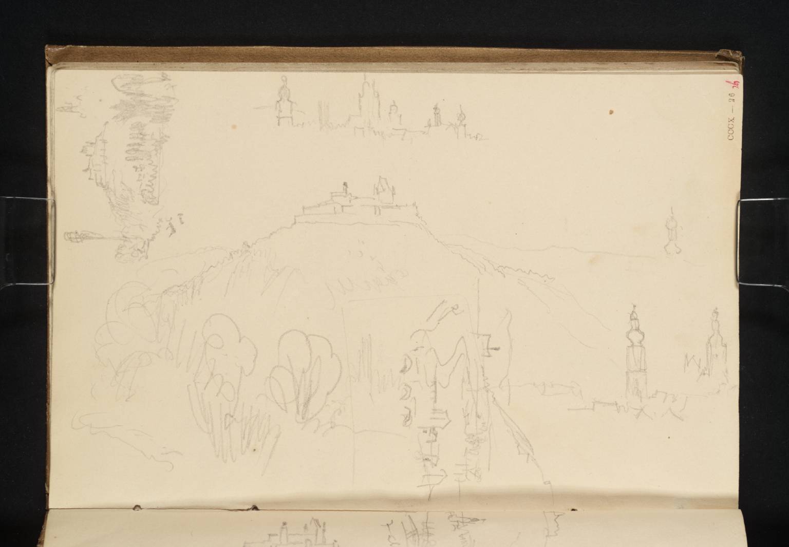 Veste Coburg and the Itz Valley, with a Bridge in the Foreground; Two Sketches of Coburg and Veste Coburg from Schloss Ernsthöhe, One with Detail and Continuation in Sky